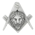 Macro detail of vintage silver lion head brooch with Freemasonry symbol and engraving - Lion Head Masonic Badge (C3400-1)