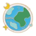Detail of an Earth enamel pin with blue oceans, green continents, moon, and stars - Earth (C3397-2)