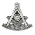 Detailed macro view of vintage silver Freemasonry compass and sun emblem brooch - Sun Compass Masonic Badge (C3400-2)