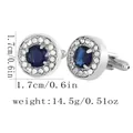 Detail view of round blue zircon cufflinks with silver base, 1.7cm diameter and 14.5g weight - Alloy / Silver Tone Blue Style (B1666)