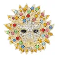 Squisita spilla a testa di leone dorata con strass di cristallo multicolore vivaci dettagli - Testa di Leone con Strass Colorati (C3406)