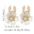 Elegant white floral earrings with resin petals, center pearl and crystal rhinestone accents - Five-Petal Heart Flower Style (B1655-4)