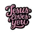 Close-up of pink 'Jesus loves you' script on a black enamel pin with silver metal edges - Jesus Loves You Style (C2948)