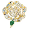 Elegant rose brooch with blue and white crystals and a green enamel leaf accent - Rose Rhinestone Style (C3412)