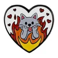 Macro shot of heart-shaped enamel cat pin with flames and polished metal edges - Flame Cat Style (C3423-10)