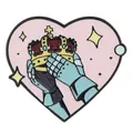Detailed enamel brooch featuring medieval armored hands holding a golden crown on pink heart - Armor Hands Crown Style (C3456-1)