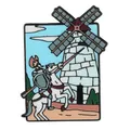 Detailed enamel pin depicting Don Quixote on a white horse charging towards a windmill - Don Quixote Windmill Knight Style (C3456-3)