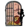 Detail of fairy tale enamel brooch featuring a sad lion and knight silhouette design - Lion in Cage and Knight Silhouette Style (C3456-4)