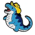 Blauer Dinosaurier Emaille-Anstecker mit gelbem Cowboyhut auf weißem Grund - Blauer Tyrannosaurus (C3424-3)