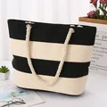 Canvas tote bag with black stripes and thick cotton rope handles for women - Cream And Black