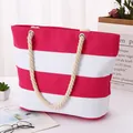 Pink and white striped canvas tote bag with thick cotton rope handles for travel - Rose Red and White Patchwork