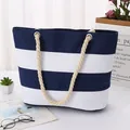 Blue striped canvas tote bag with thick rope handles for summer beach casual style - Blue and White Patchwork