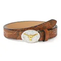 Detailed close-up of brown leather belt with western floral embossing and bull head buckle - Embossed Bull Head Plaque Buckle (No. 6)