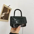 Glossy black crocodile pattern mini handbag with silver bead chain strap for girls - 13 / Black