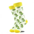 White crew socks with yellow accents and all-over green cartoon dinosaur patterns - White Yellow Dinosaur (GM0054)
