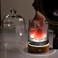 Macro shot of natural pink crystal stones in glass with warm glowing wooden LED base - Pink Crystal (Charging) / Without Glass Cover