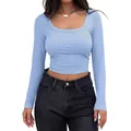 Detail of light blue ribbed knit cropped long sleeve tee with U-neckline and slim fit texture - XS / Light Blue
