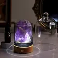 Detailed macro view of natural amethyst diffuser stone set with warm light wooden base - Purple Crystal (Charging) / Without Glass Cover