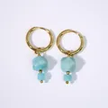 Detailed view of 14K gold stainless steel earrings with multifaceted light blue stones - Amazonite