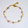 Pulsera de doble cadena en acero inoxidable dorado con cuentas de piedra natural violeta - Pulsera de Amatista y Oro