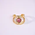 Three-layer hammered 14k gold open ring with a round pink natural stone inlay - Rhodochrosite (Pink Purple)