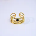 Three-layer 14K gold plated stainless steel open ring with a round black natural stone - Black Agate