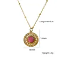 Gold stainless steel necklace with round hollow pendant featuring a pink quartz stone - Hollow Pendant Pink Cabochon - Rhodochrosite (XBN260903-红纹石-5)