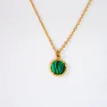 14k gold plated stainless steel necklace with round green striped malachite pendant - Faceted Malachite