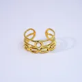 14K gold plated layered ring with white gemstone and chain link texture on 3-tier band - White Shell