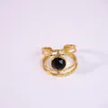 14k gold plated layered ring with a round black natural stone and hammer texture - Black Agate (Black)