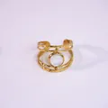 Hammered 14k gold plated stainless steel layered open ring with white gemstone - White Shell (White)