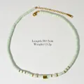 14K gold plated stainless steel beaded necklace with light green stones and pearls - Handmade Pearl Beaded Style / Pale Green