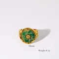 French vintage gold stainless steel wide ring with green natural stone and star element - African Jade
