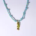 Blue braided ocean necklace with a golden fish pendant and green enamel dots - Small Fish Pendant Style (1)
