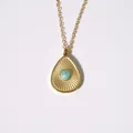 14K gold plated teardrop necklace with turquoise stone inlay and sunburst texture - Amazonite