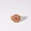 Vintage gold layered wide ring with pink natural stone and starburst inlay - Rhodonite