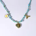 Blue woven necklace with daisy, heart, and fish tail pendants and natural stones - Daisy and Whale Tail Style (3)