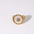 Vintage gold wide ring featuring white mother of pearl inlay and starburst motif - White Shell