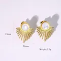 French vintage sunburst gold earrings with white stone center, 23mm diameter size - Earrings / Gold-White Shell