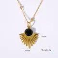 Vintage 14K gold plated necklace with black sunburst pendant and beaded chain detail - Necklace / Gold-Black Agate
