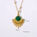 Retro 14K gold-plated necklace with sunburst pendant and green natural stone inlay - Necklace / Gold-African Jade