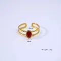 Bague ouverte en acier inoxydable doré 14K avec pierre naturelle rouge ovale 8x6mm - Ajustable / R1-Agate Rouge