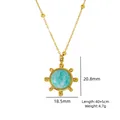 14K gold stainless steel necklace with sunburst amazonite pendant and beaded chain - Radial Disc Embellished Style (XB253002)