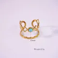 14K vergulde dubbellaagse open ring met een ronde blauwe natuursteen inlegwerk - Verstelbaar / R8-Turkoois Blauw