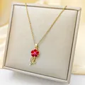Pink zircon sunflower pendant necklace in gold-plated stainless steel for women - Gold - Red Sunflower