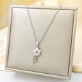 Sunflower necklace with pink zircon and red center stone on champagne jewelry box - Silver - White Sunflower