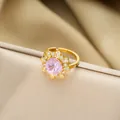 Bague fleur dorée de luxe avec zircon rose et détails scintillants blancs - Bague Dorée