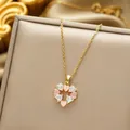 Elegant gold titanium necklace with pink heart cat eye stone and zircon flower pendant - Gold