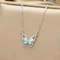 Titanium steel colorful butterfly pendant necklace with opal stones on a silver O-chain - Silver Blue Butterfly Style