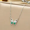 Titanium steel butterfly necklace featuring opal and green gemstone inlay details - Silver Green Butterfly Style